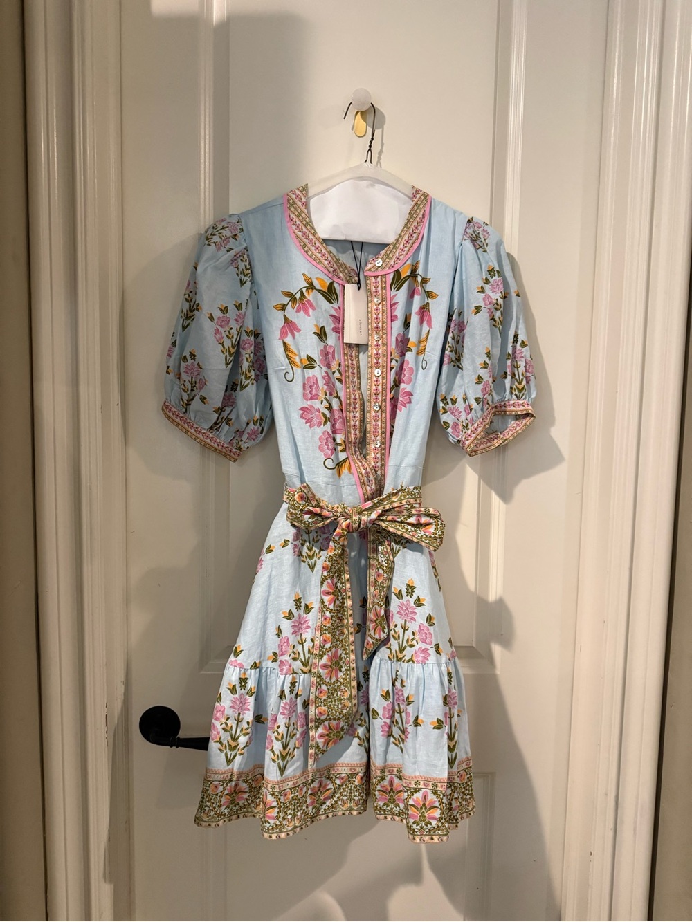 Floral Puff-Sleeve Mini Dress in Light Blue